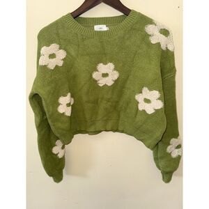 Luna Ivy Green Chunky Flower Knit Cropped Sweater Size XS